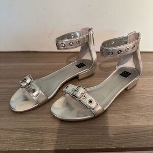 White House Black Market “Cora” Silver Metallic Ankle Strap Grommet Sandal